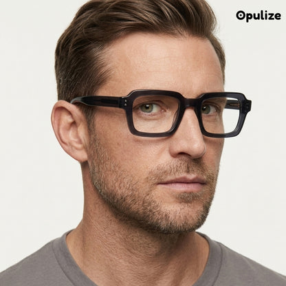 EDG zero strength blue light glasses in black, worn by a model