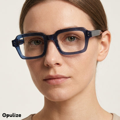 EDG zero strength blue light glasses in blue, worn by a model