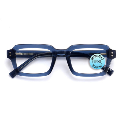 EDG zero strength blue light glasses in blue