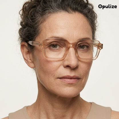 EDG zero strength blue light glasses in pink, worn by a model