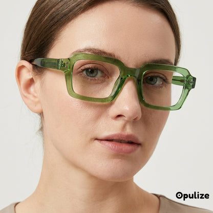 EDG zero strength blue light glasses in green, worn by a model