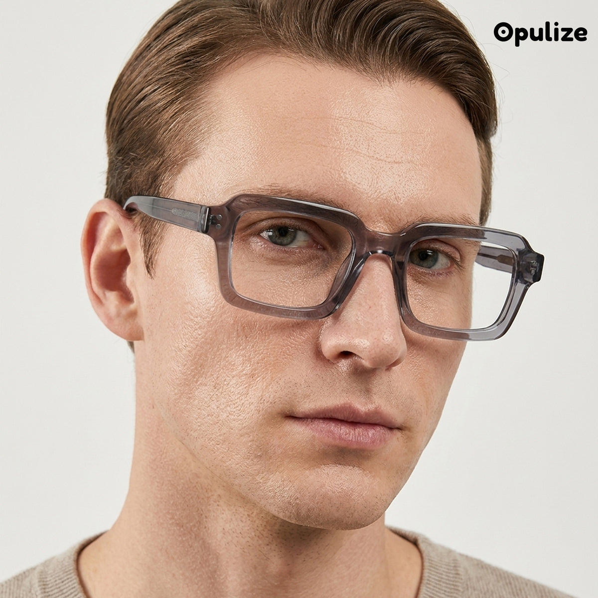 EDG zero strength blue light glasses in grey, worn by a model