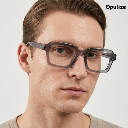 EDG zero strength blue light glasses in grey, worn by a model