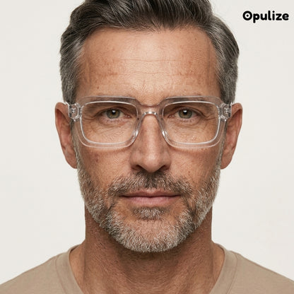 EDG zero strength blue light glasses in clear, worn by a model
