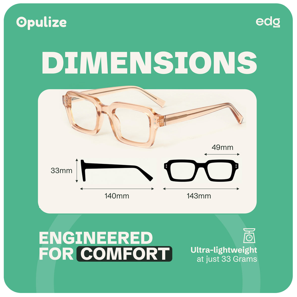EDG zero strength blue light glasses by Opulize, with frame dimensions